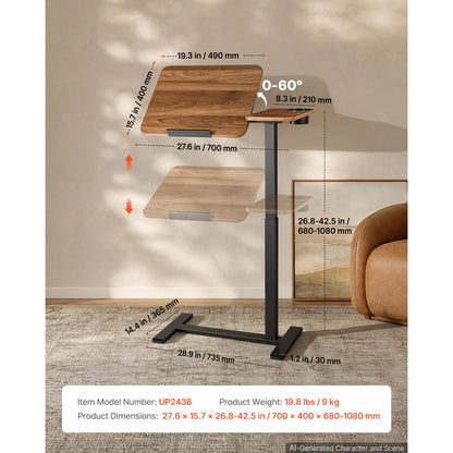 Height Adjustable Overbed Table with Wheels, Tilting Desktop & Cup Holder, Mobile Rolling Bedside Laptop Desk for Bed & Sofa