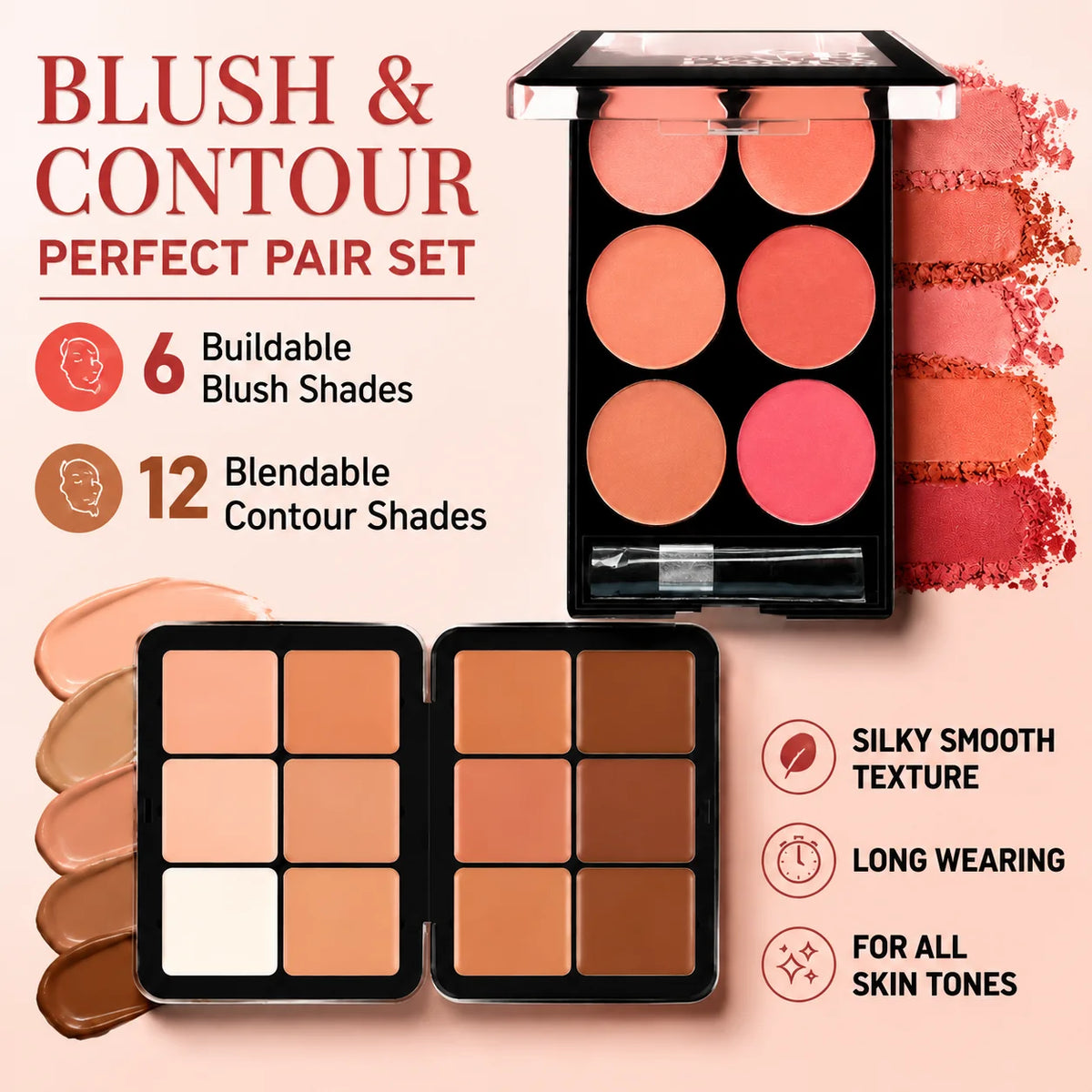 6-Color Blush & 12-Shade Cream Contour Palette Set with Bronzer & Highlighter, Long-Lasting & Blendable
