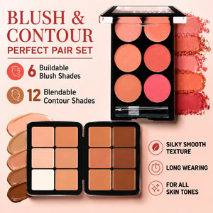 6-Color Blush & 12-Shade Cream Contour Palette Set with Bronzer & Highlighter, Long-Lasting & Blendable