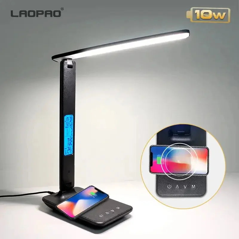 LED Desk Lamp with 10W Qi Wireless Charging, Calendar, Temperature Display and Alarm Clock for Study and Office