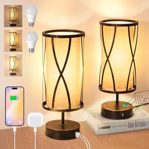 Distressed Table Lamps with LED Bulbs, 3-Way Dimmable Touch Control, USB-A and USB-C Ports, Bedside and Living Room Lighting