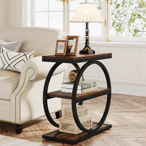 Narrow End Table with 3 Storage Shelves, Industrial Wood Side Table for Sofa, Living Room & Small Spaces