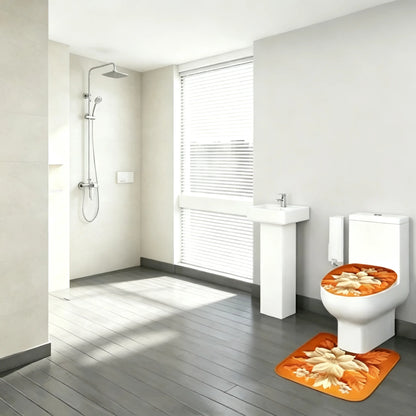 Fall Floral Bathroom Rug Set, Orange Flower Bath Mat & Toilet Lid Cover