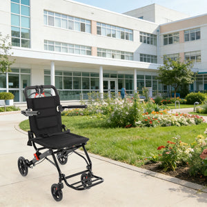 Ultra-Lightweight Foldable Transport Wheelchair – Portable Travel Chair with Handbrakes, 220 lbs Capacity