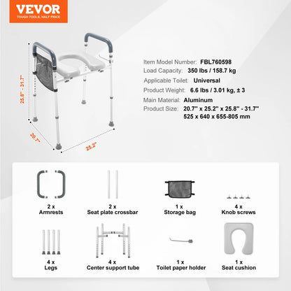 Height Adjustable Raised Toilet Seat with Padded Arms – 7-Level 19.3–25.2" Toilet Riser, 350 lb Capacity
