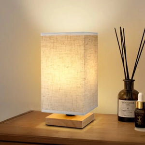 Small Bedside Table Lamp with Wood Base and Round Fabric Shade
