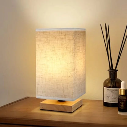Small Bedside Table Lamp with Wood Base and Round Fabric Shade