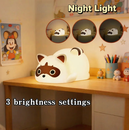 Rechargeable Silicone Raccoon Night Light, 1200mAh Battery, Touch Control, 3 Brightness Levels