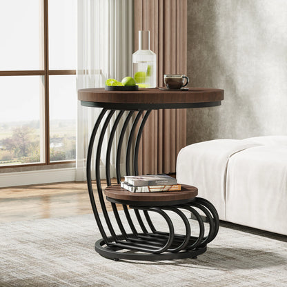 2-Tier Round Side Table with Faux Marble Top & Storage Shelf, Modern White and Gold End Table