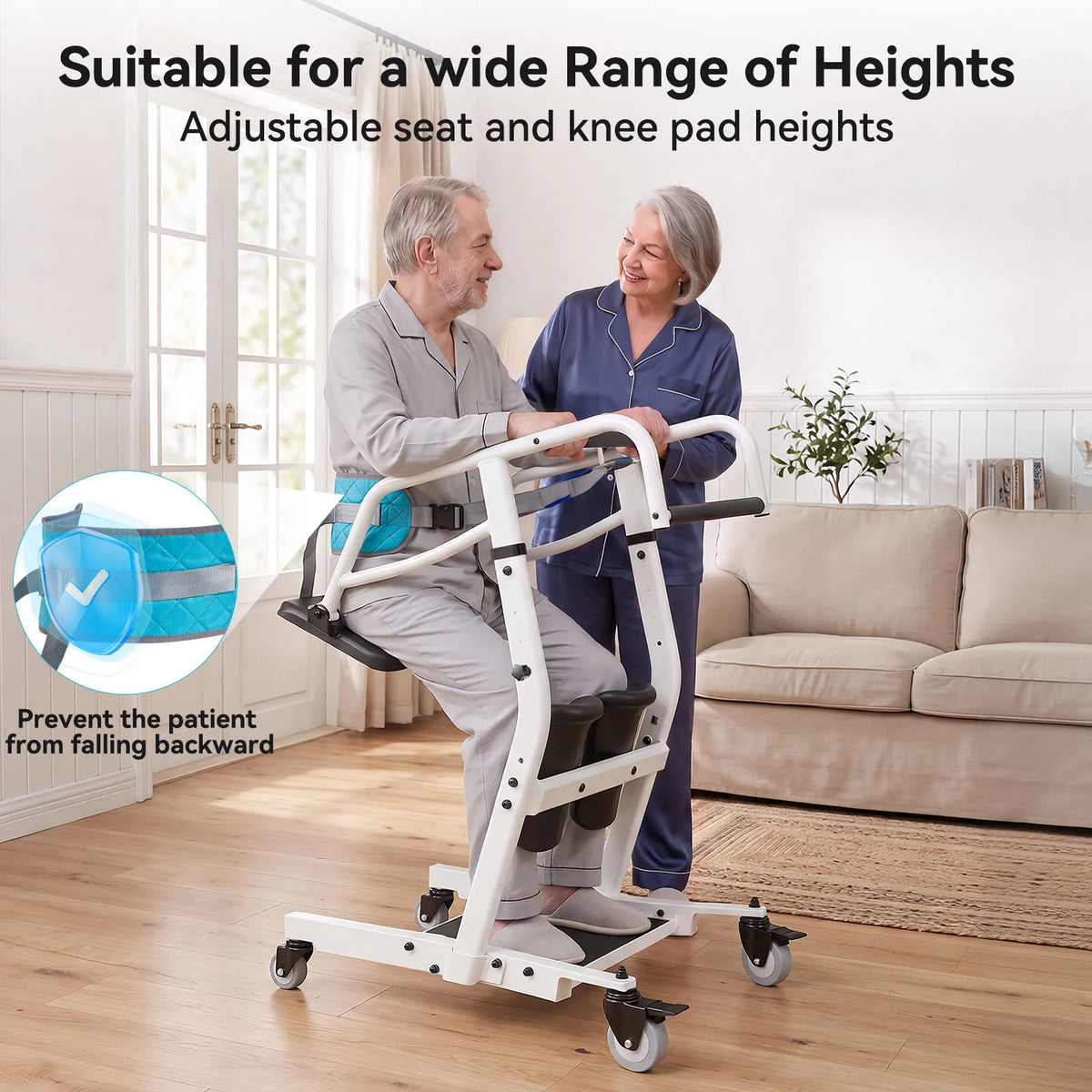 Sit-to-Stand Patient Transfer Aid – Adjustable Seat & Knee Pads with Safety Belt and Casters