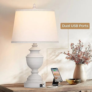 Modern Farmhouse Table Lamps Set of 2 with USB Ports, 3-Way Dimmable Touch Control, Washed Finish Bedside Nightstand Lamps