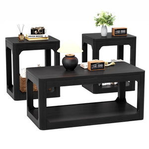 Modern 3-Piece Coffee Table Set with Side Tables, Rounded Edges & Storage for Living Room, Black