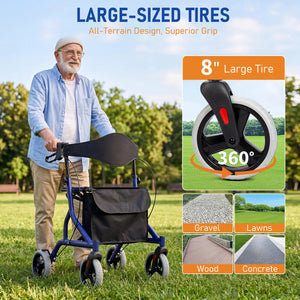 US Stock – All-Terrain Rollator Walker for Seniors with Seat & Backrest, 8" Wheels, Foldable & Height Adjustable – Fast 3–7 Day Shipping