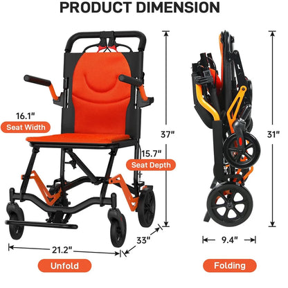 Ultra-Lightweight Foldable Transport Wheelchair – 18 lbs Aluminum Travel Chair with Flip-Back Armrests & Handbrakes