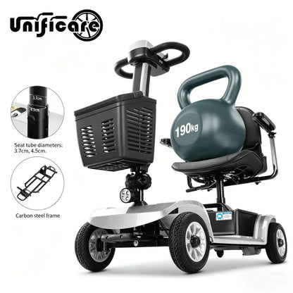 Foldable 4-Wheel Electric Mobility Scooter for Seniors – 12Ah Removable Battery, Carbon Steel Frame, Electromagnetic Brake, Silver