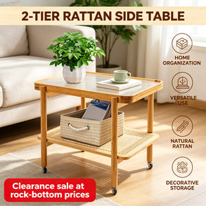 2-Tier Rolling Side Table with Tempered Glass Top, Rattan Shelf & Lockable Wheels for Living Room and Bedroom