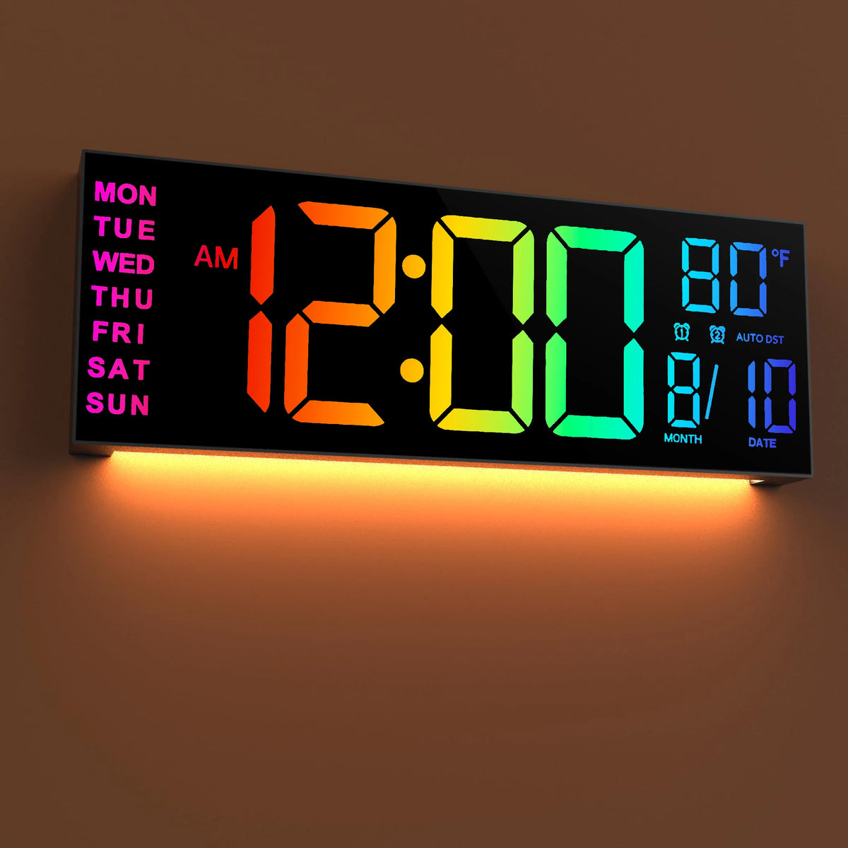 16-Inch RGB LED Digital Wall Clock with Remote Control, 8 Display Colors, Alarm, Auto DST & Indoor Temperature Display