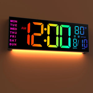 16-Inch RGB LED Digital Wall Clock with Remote Control, 8 Display Colors, Alarm, Auto DST & Indoor Temperature Display