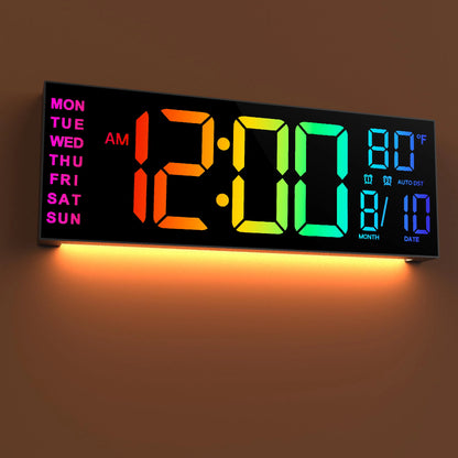 16-Inch RGB LED Digital Wall Clock with Remote Control, 8 Display Colors, Alarm, Auto DST & Indoor Temperature Display
