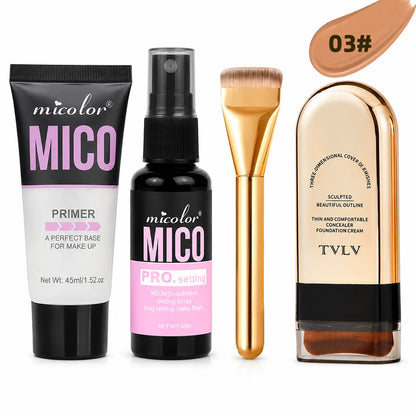 4-in-1 Base Makeup Set, Hydrating Primer Gel, Setting Spray, Full Coverage Foundation Stick & Brush, Matte Finish
