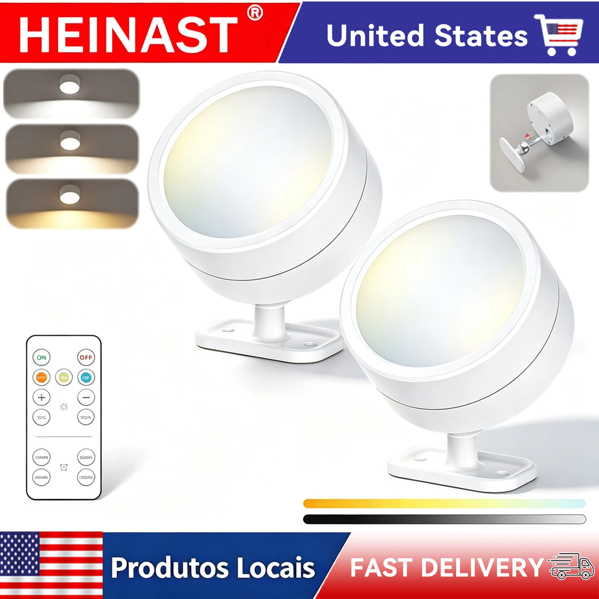Rechargeable Magnetic LED Wall Reading Light, Remote Control, 360° Rotation, 3 Color Temperatures, Stepless Dimming, White, 1–2 Pack