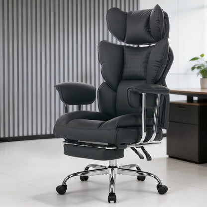 Ergonomic Reclining Office Chair with Footrest – 350 lb PU Leather Computer Chair with Adjustable Height, Wide Seat & Side Pocket
