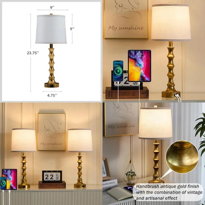 24-Inch Gold Table Lamps Set of 2, Bamboo-Style Metal Bases with Linen Shades and USB-A Ports, Bedside Nightstand Lighting