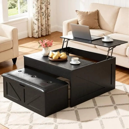 Lift-Top Coffee Table with Bench Storage, Gas-Lift Mechanism, White Engineered Wood Center Table
