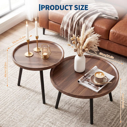Round Nesting Coffee Table Set of 2, Wood & Metal Accent Side Tables for Living Room
