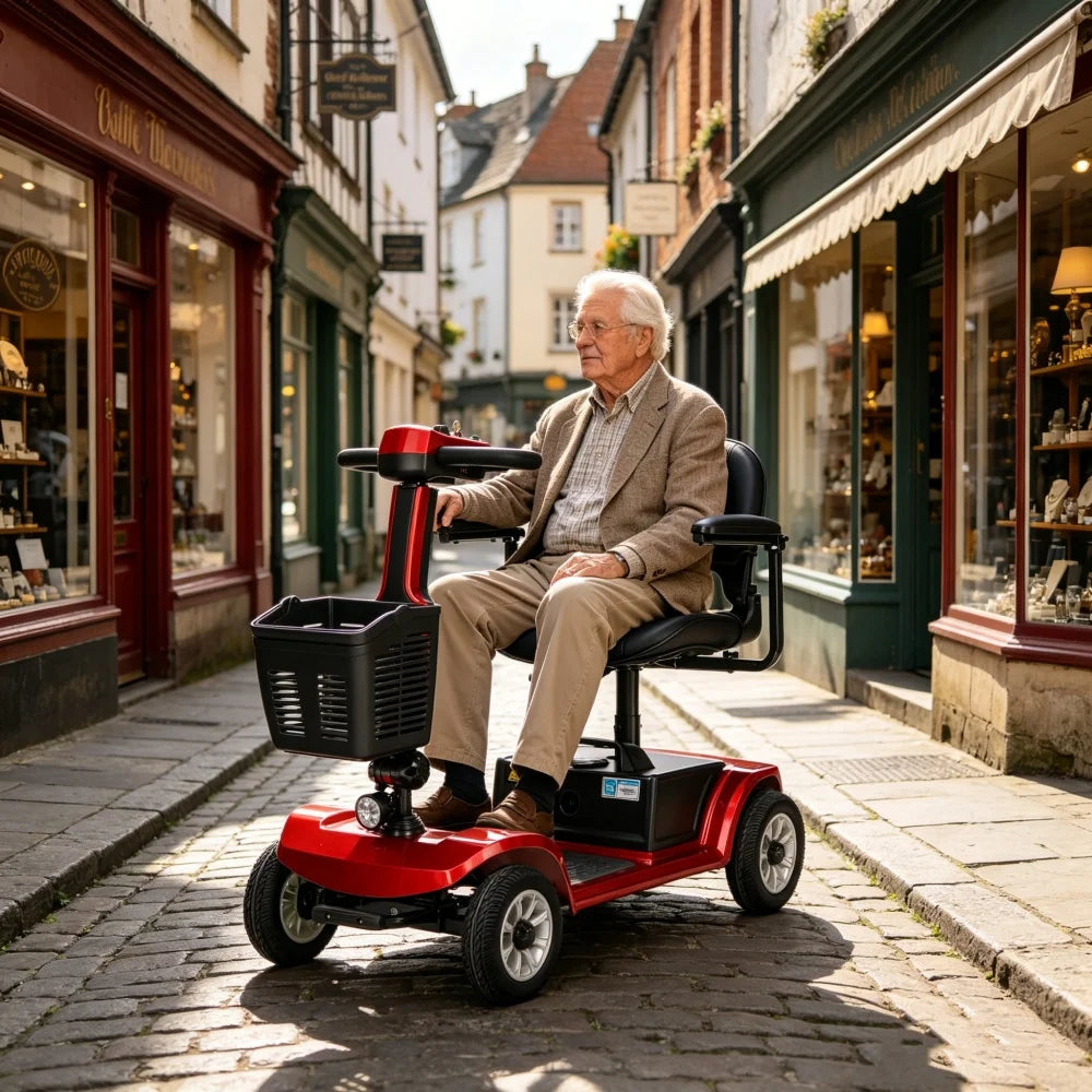 Foldable 4-Wheel Mobility Scooter for Seniors – 250W Motor, 12Ah Battery, 12.4-Mile Range, 360° Swivel Seat, Red