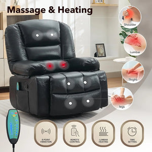 Oversized 360° Swivel Massage Recliner Chair with Heat – 8-Point Vibration, 145° Recline, USB Port, Cup Holders & Footrest