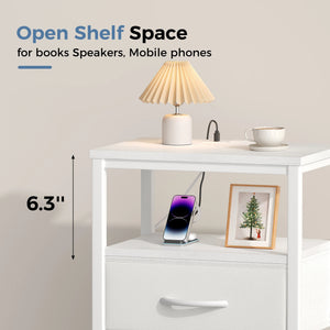 Nightstand with Fabric Drawer, LED Light Strip & Charging Station – Bedside End Table with Storage Cabinet