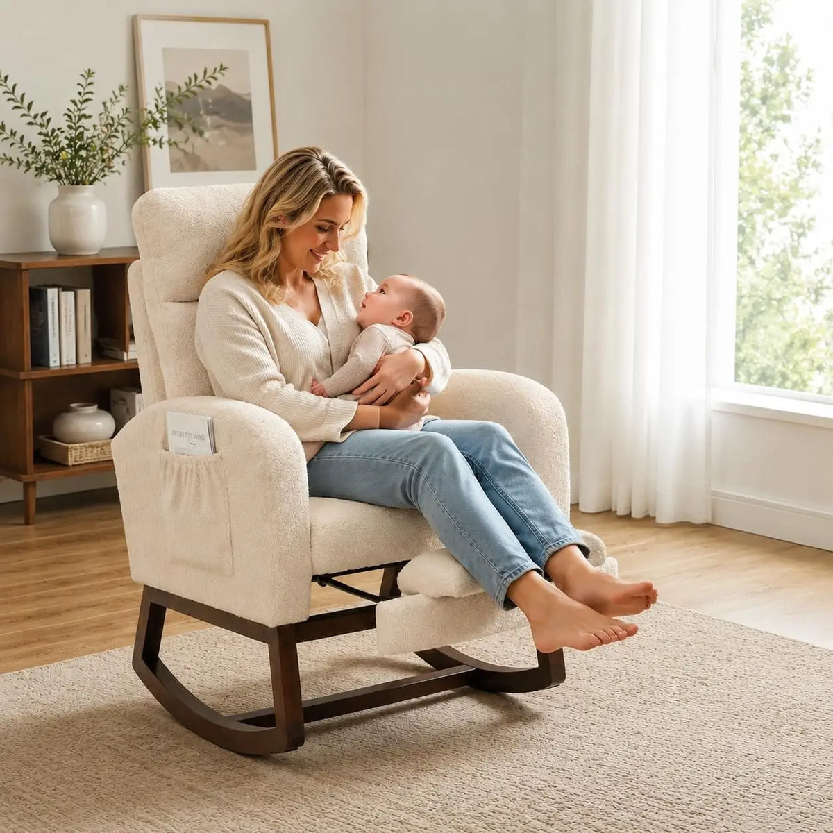 Nursery Glider Rocking Chair with Adjustable Footrest – High Back Upholstered Lounge Chair with Side Pockets, Beige