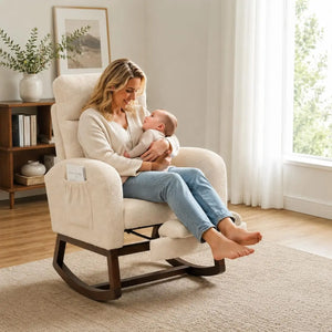 Nursery Glider Rocking Chair with Adjustable Footrest – High Back Upholstered Lounge Chair with Side Pockets, Beige