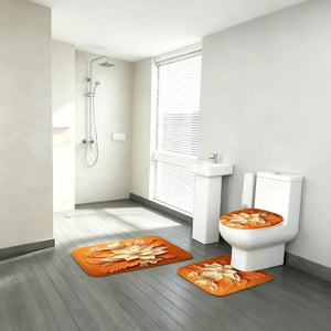 Fall Floral Bathroom Rug Set, Orange Flower Bath Mat & Toilet Lid Cover