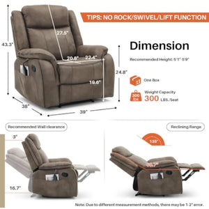 Leather Massage Recliner Chair with Heat – Comfortable Manual Wall-Hugger Reclining Lounge Chair