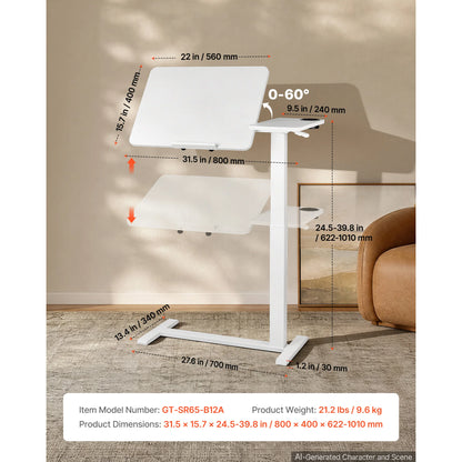 Height Adjustable Overbed Table with Wheels, Tilting Desktop & Cup Holder, Mobile Rolling Bedside Laptop Desk for Bed & Sofa
