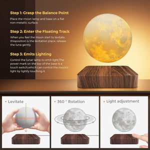 Magnetic Floating Rotating Moon Lamp with Wooden Base, 3D Printed LED Night Light with 3 Color Temperatures for Bedroom Decor
