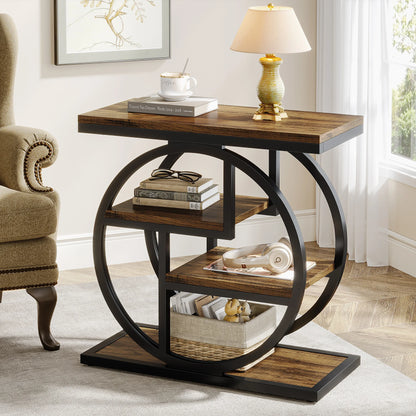 Narrow End Table with 3 Storage Shelves, Industrial Wood Side Table for Sofa, Living Room & Small Spaces