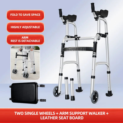 Adjustable Two-Arm Support Walker for Seniors – Foldable Mobility Walking Aid with Wheels