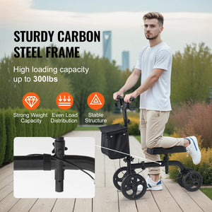 Folding Knee Scooter for Adults – Steerable All-Terrain Knee Walker, Height-Adjustable Handlebar, Solid Wheels, Carbon Steel Frame
