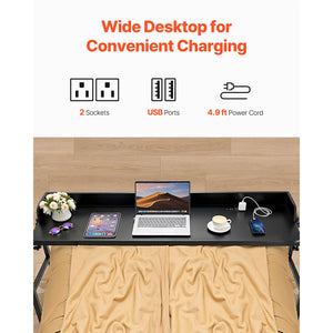 Height Adjustable Overbed Table with Power Socket & 4 Wheels, Mobile Rolling Bedside Laptop Desk for Home & Office