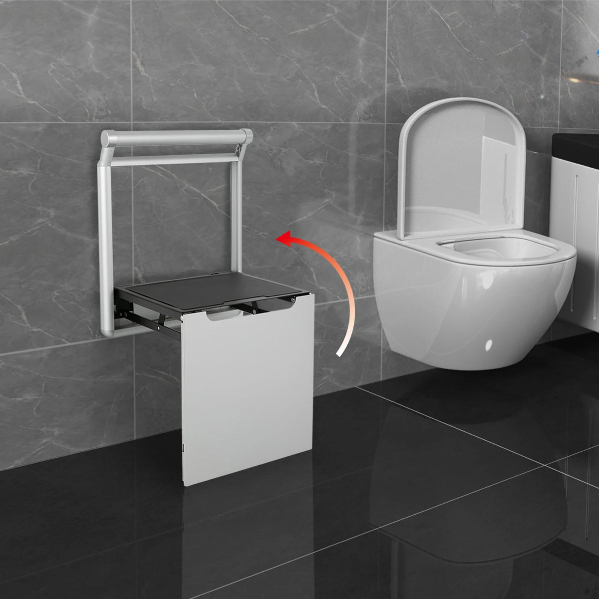 Wall-Mounted Folding Shower Seat with Padded Handrails – Slow-Close Space-Saving Bath Bench, 330 lb Capacity