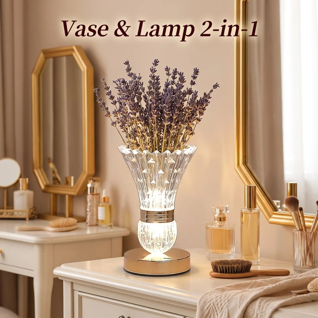 Rechargeable Crystal Vase LED Table Lamp, Touch Control, Stepless Dimming, 3 Color Modes, 500mAh Battery