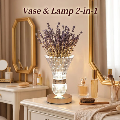 Rechargeable Crystal Vase LED Table Lamp, Touch Control, Stepless Dimming, 3 Color Modes, 500mAh Battery