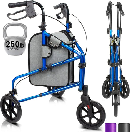 3-Wheel Foldable Rollator Walker – Lightweight Mobility Walker with Adjustable Handles & Removable Storage Bag