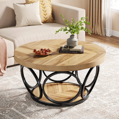 31.7" Round 2-Tier Coffee Table with Storage Shelf, Industrial Wood Center Table for Living Room