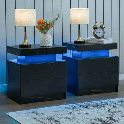 Set of 2 LED Nightstands with 2 Drawers, Modern Bedside Tables with LED Lights & Storage for Bedroom