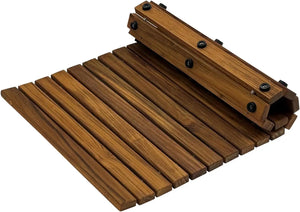 Solid Teak Wood Bath Mat, Non-Slip Wooden Shower Floor Mat with Rubber Feet for Sauna, Pool, Hot Tub & Entryway