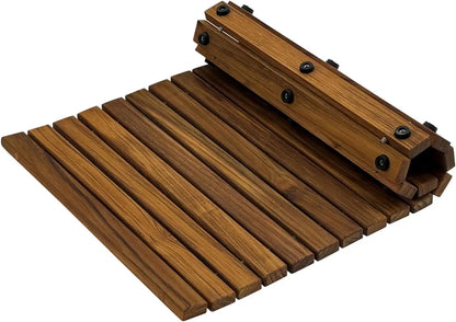 Solid Teak Wood Bath Mat, Non-Slip Wooden Shower Floor Mat with Rubber Feet for Sauna, Pool, Hot Tub & Entryway